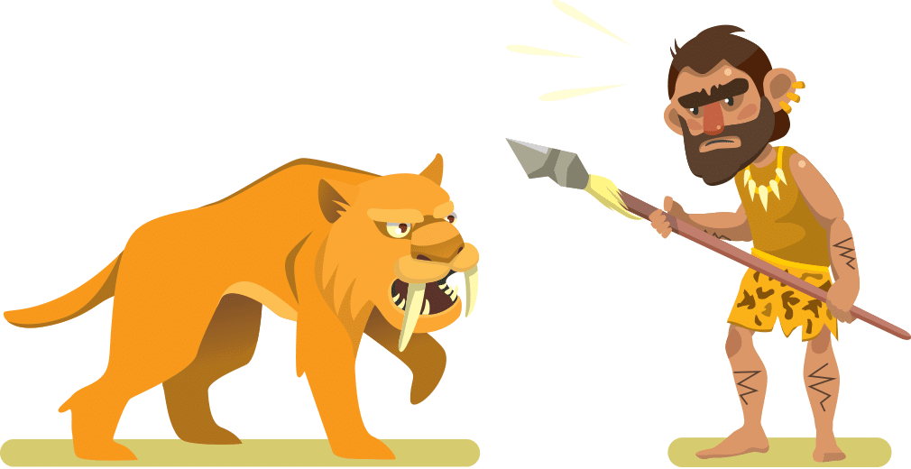 Cartoon tiger facing caveman with a spear, illustrating the fight-or-flight response in the amygdala.