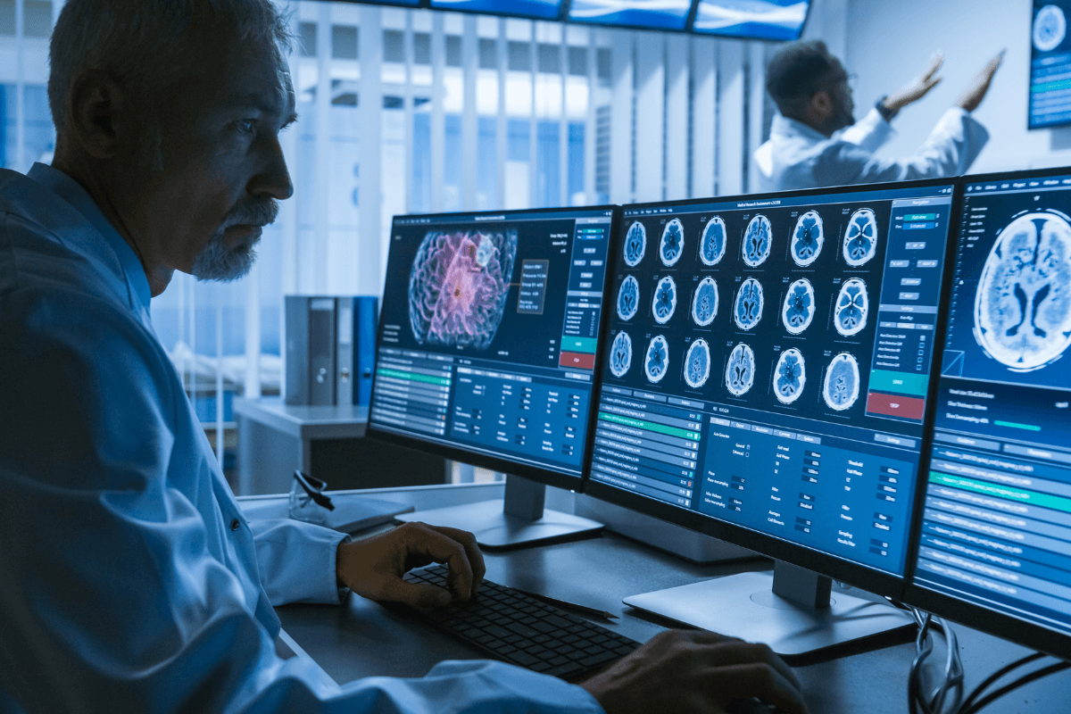 Scientist looking at images of brain scans to understand how Tapping works and how it affects the stress response
