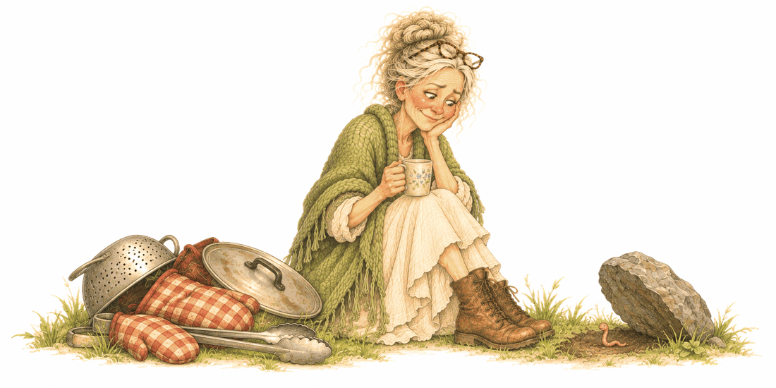 A woman in a green shawl sits on the grass with a cup of tea beside a pile of kitchen armor: a colander, oven mitts, a pot lid and tongs. The rock is tipped over, and under it is one small worm.